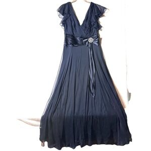 Tadashi Collection Sz 12 Chiffon Silk Navy Blue Dress Flutter Pintuck Rhinestone